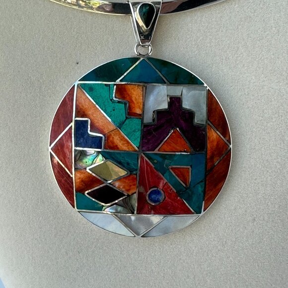 Peruvian 950 Sterling Silver Pendant | Circular Mosaic Inlay with Natural Stones - Picture 12 of 13